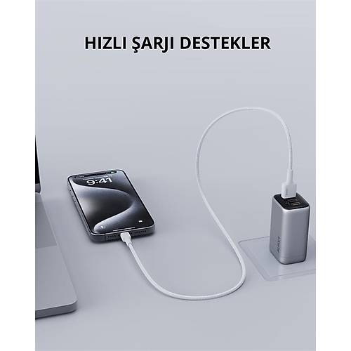 AUKEY CB-BAL7-WH NAYLON �RG�L� USB-A L�GHTN�NG KABLOSU 0.9MT