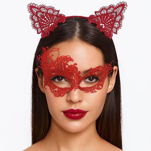 Gizemli K�rm�z� Dantel Maske ve Ta� Seti 1 No - Kost�m Seti