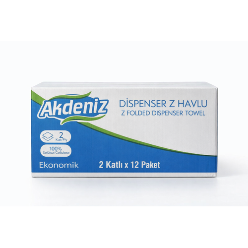 Akdeniz Dispenser Z Havlu 2 Katl� 12 Paket | %100 Sel�loz | Ekonomik Z Katl� Ka��t Havlu