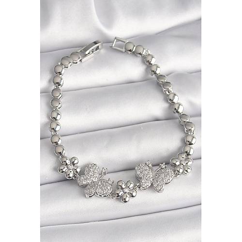 Pirin� G�m�� Renk Zirkon Ta�l� Kelebek Fig�r �i�ek Zincir Model Kad�n Bileklik