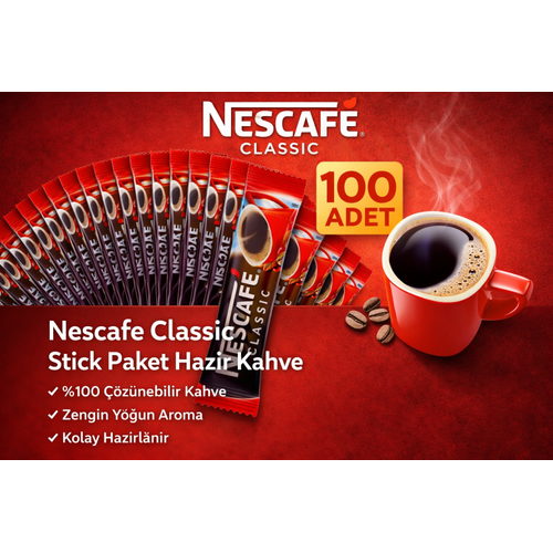 Kahve Classic 2 gr Stick Haz�r Kahve 100 Adet %100 ��z�nebilir Yo�un Aromal�