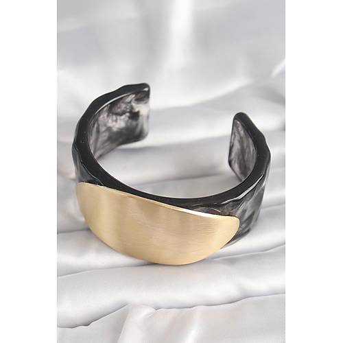 Siyah Mermer Desen Akrilik Plastik Gold Oval Plaka Model Vintage Kad�n Bilezik