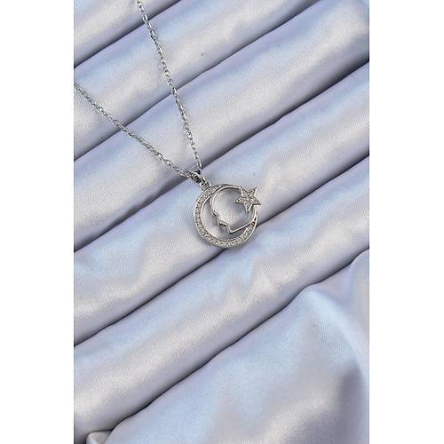 316L �elik Zincir G�m�� Renk Zirkon Ta�l� Ay Y�ld�z Simgeli Atat�rk Kolye