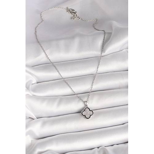 316L �elik G�m�� Renk Zincir Zirkon Ta�l� Yonca Model Kad�n Kolye