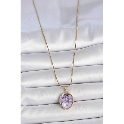 316L �elik Gold Renk Zincir Mor �i�ek ��lemeli �nci Detay Portre Model Kad�n Kolye