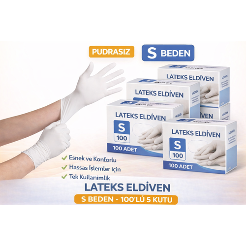 Lateks Eldiven S Beden Pudras�z 100�l� 5 Kutu Tek Kullan�ml�k Esnek Muayene Eldiveni Toplu Paket