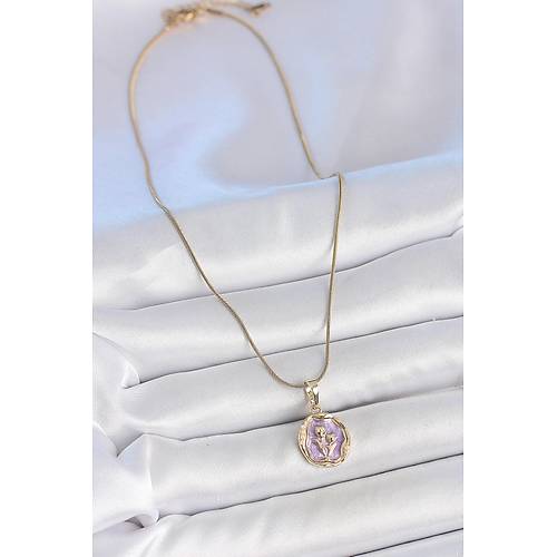 316L �elik Gold Renk Zincir Mor Mineli �i�ek ��lemeli Portre Model Kad�n Kolye