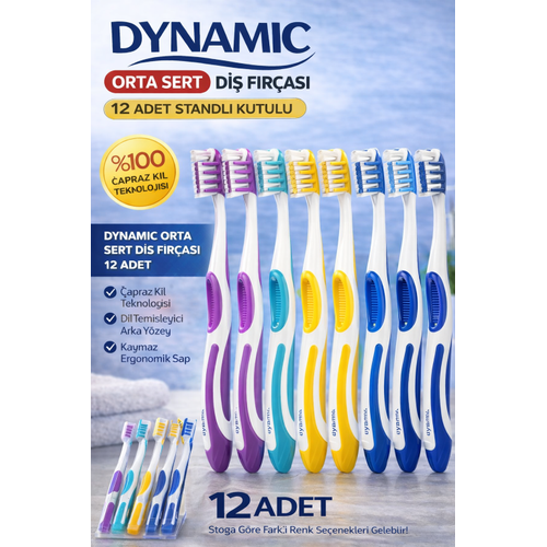 Dynamic Orta Sert Di� F�r�as� 12 Adet Standl� Kutulu Medium �apraz K�l Teknolojili Dil Temizleyicili Ergonomik Sapl� Di� F�r�as�