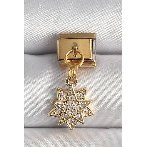 316L �elik Gold Renk Sallant� Zirkon Ta�l� Y�ld�z Model Nomination Charm