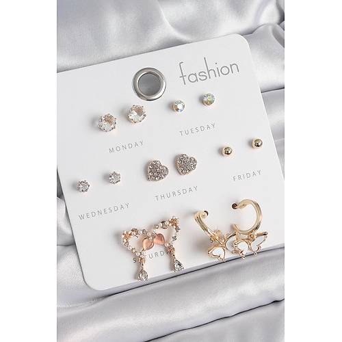 Pirin� Gold Renk Zirkon Ta�l� Sallant�l� Kalp Fig�r Kelebek Detay 7 �ift Kad�n K�pe Seti