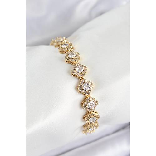 Pirin� Zirkon Ta�l� Yonca Baget Model Gold Renk VIP Seri Kad�n Bileklik