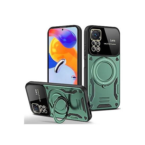 Redmi Note 11 Pro K�l�f Joy Lens Standl� Kapak - Koyu Ye�il