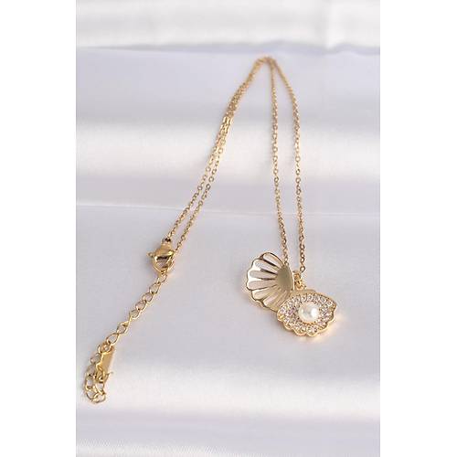 316L �elik Zincir Alt�n Renk Zirkon Ta�l� �nci Detay �stiridye Kolye