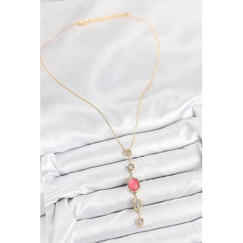 Pirin� Zincir Pembe Gold Renk Zirkon Ta�l� Y Kolye