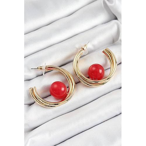 Pirin� Gold Renk Halka Model K�rm�z� Boncuk Detay Kad�n K�pe