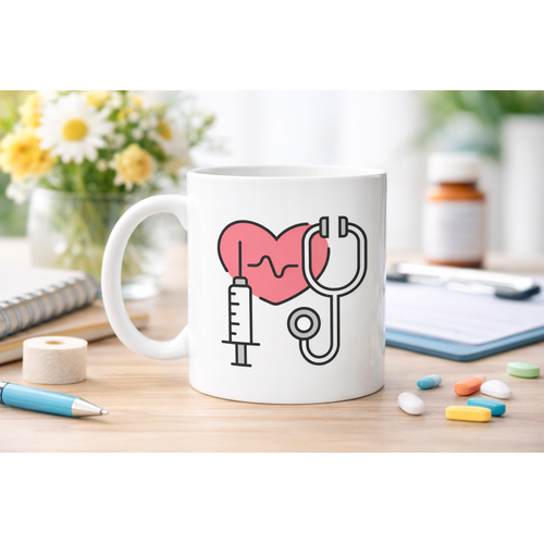 Sa�l�k Temal� Porselen Kupa MODEL 170 � Stetoskop Kalp ve ��r�nga Tasar�ml� Kahve Kupas� � Doktor ve Hem�ire Hediyesi