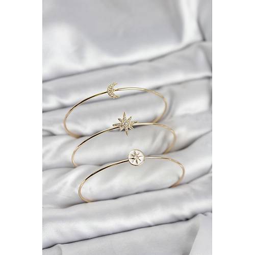 Gold Renk Zirkon Ta�l� Kutup Y�ld�z� Model 3'l� Kad�n Bileklik Kombini
