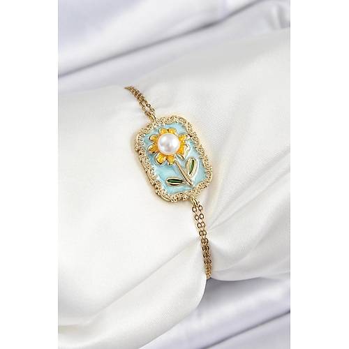 316L �elik Zincir Turkuaz Mineli Sanatsal Portre �nci Detayl� Papatya Model Gold Renk Kad�n Bileklik