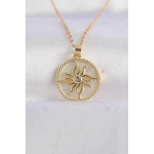 316L �elik Zincir Alt�n Renk Zirkon Ta�l� Oval Tasar�m G�ne� Kolye