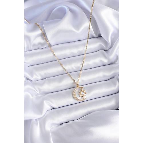 316L �elik Gold Renk Zirkon Ta�l� Ay Y�ld�z Model Kad�n Kolye