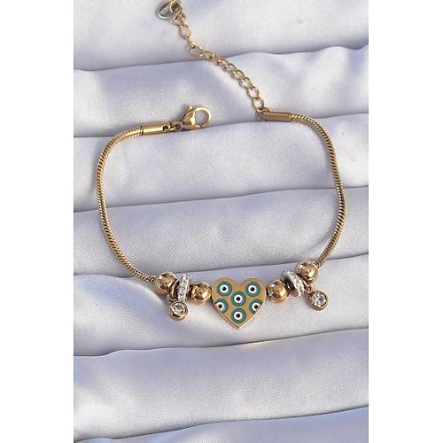 316L �elik Gold Renk Zirkon Ta�l� Nazarl� Kalp Tasar�ml� Bileklik