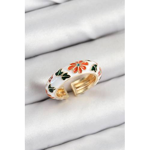 Pirin� Beyaz Mineli �i�ek Motifli Gold Renk Ayarlanabilir Kad�n Y�z�k