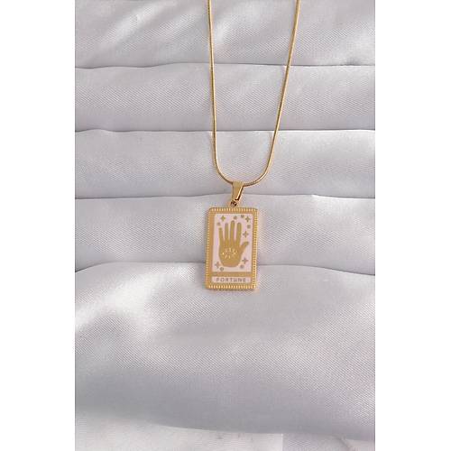 316L �elik Gold Renk Pembe Mineli El Fig�r Tarot Kolye