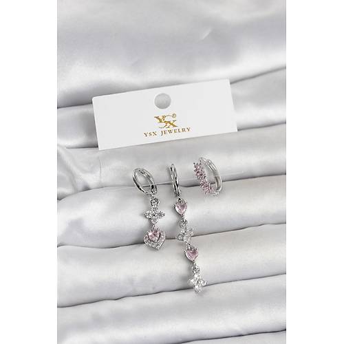 Pirin� G�m�� Renk Pembe Zirkon Ta�l� 3'l� Kad�n K�pe