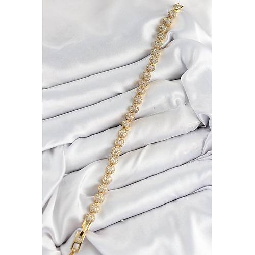 Pirin� Zirkon Ta�l� Yar�m Topcuk Model Gold Renk VIP Seri Kad�n Bileklik