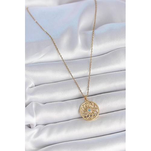 316L �elik Gold Renk Zincr Mavi Ta�l� Lotus Model Kad�n Kolye