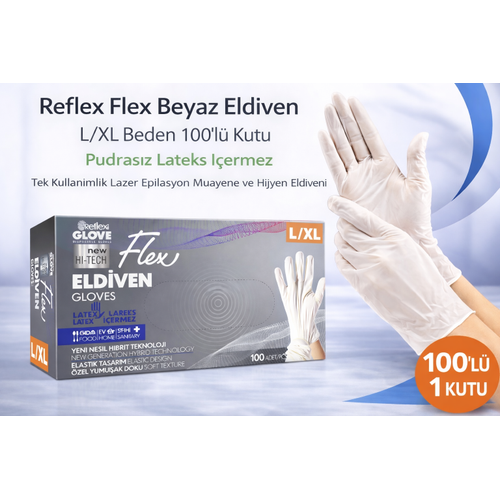 Reflex Flex Beyaz Eldiven L/XL Beden 100�l� Kutu Pudras�z Lateks ��ermez Tek Kullan�ml�k Lazer Epilasyon Muayene ve Hijyen Eldiveni