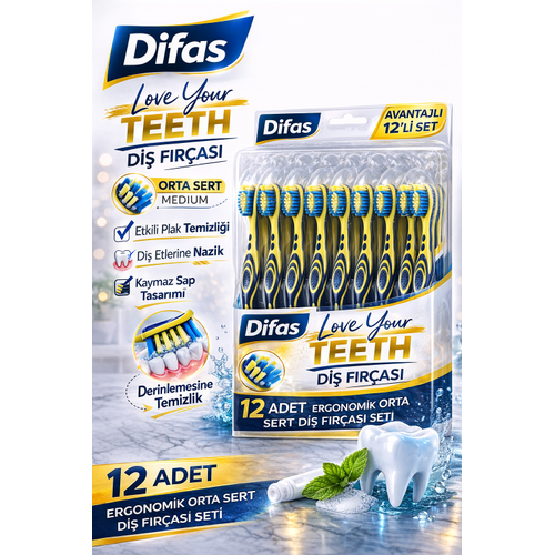 Difa� Love Your Teeth Di� F�r�as� 12 Adet Standl� Orta Sert Medium Ergonomik Sapl� Manuel Di� F�r�as� Seti