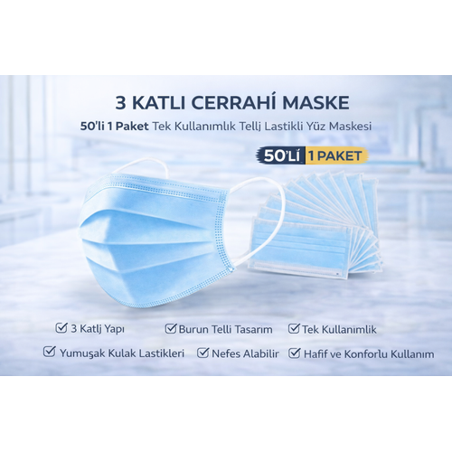 3 Katl� Cerrahi Maske 50'li 1 Paket Tek Kullan�ml�k Telli Lastikli Y�z Maskesi