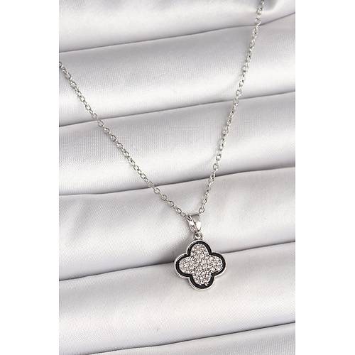 316L �elik G�m�� Renk Zincir Zirkon Ta�l� Yonca Model Kad�n Kolye