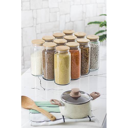 12'li Bambu Kapakl� Cam Kavanoz & Erzak Saklama Kab� Seti 1.300 ml B�y�k Boy ( Vakum Kapak )