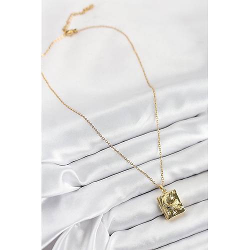 316L �elik Zirkon Ta�l� A��labilr Kapakl� Kitap Model Gold Renk Kad�n Kolye