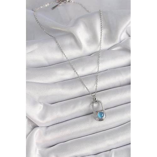 316L �elik G�m�� Renk Zincir Mavi Kedi G�z Model Kad�n Kolye