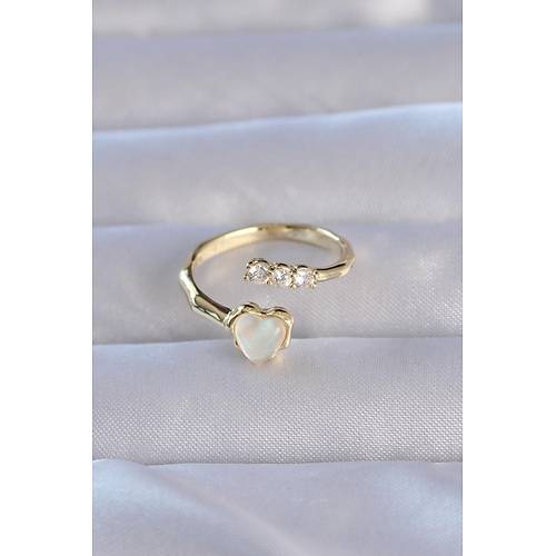 Pirin� Gold Renk Zirkon Ta�l� Sedefli Kalp Model Ayarlanabilir Y�z�k
