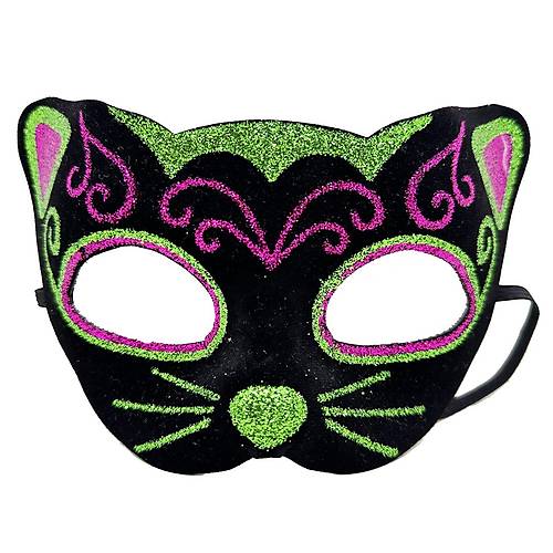 Siyah Kadife Kaplama �zeri Pembe Ye�il Sim ��lemeli Kedi Maskesi 20x13 cm