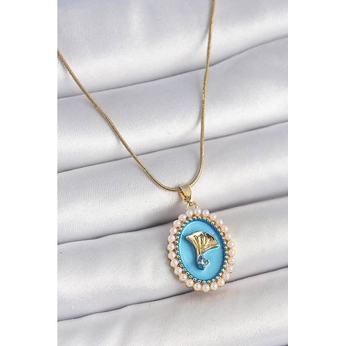 316L �elik Gold Renk Zincir Mavi Mineli �ncili Zirkon Ta�l� �i�ek ��lemeli Portre Model Kad�n Kolye