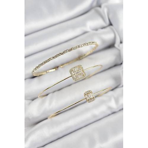 Pirin� Zirkon Ta�l� Baget Model Gold Renk Vip 3'l� Kad�n Bileklik