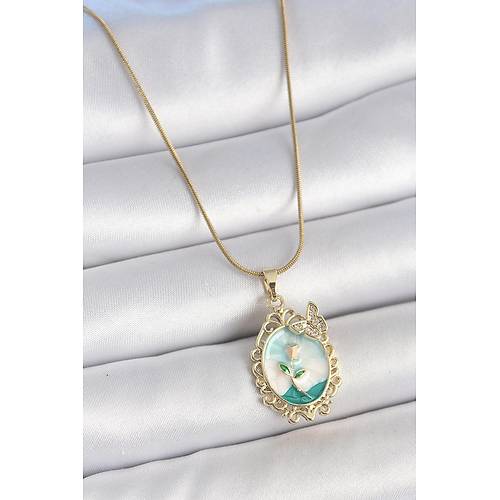 316L �elik Gold Renk Zincir Mavi Mineli �i�ek ��lemeli Zirkon Ta� Detayl� Portre Model Kad�n Kolye