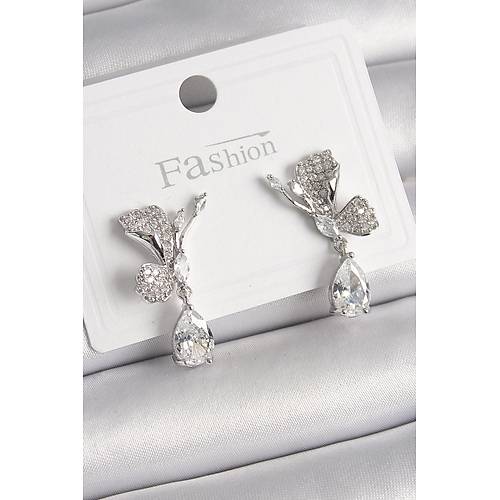 Pirin� G�m�� Renk Zirkon Ta�l� Turna Ku�u Model Sallant� Detay Kad�n K�pe