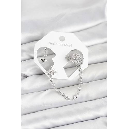 Kutup Y�ld�z� Model Pirin� G�m�� Renk Zincir Ba�lant�l� Ear Cuff K�pe Seti