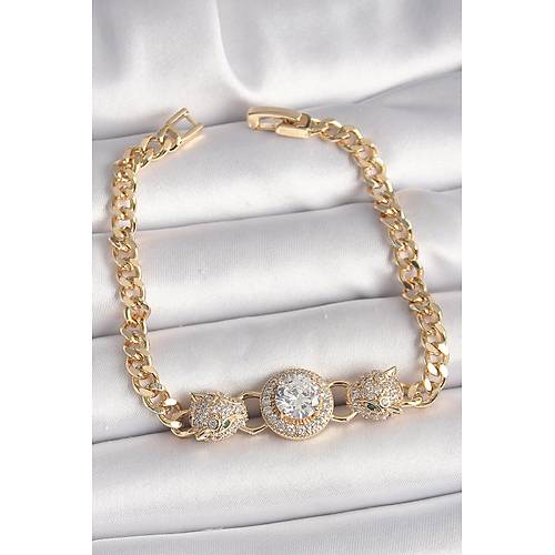 Pirin� Gold Renk Zirkon Ta�l� Leopar Fig�r Zincir Model Kad�n Bileklik