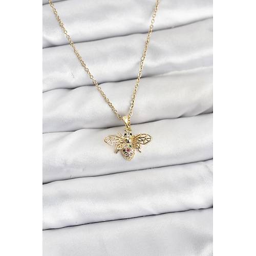 316L �elik Zincir Gold Renk Sinek Model Zirkon Ta�l� Kad�n Kolye