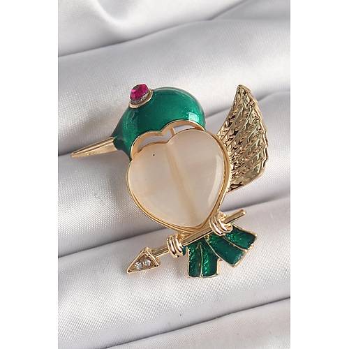 Pirin� Gold Renk Beyaz Mineli Kalp Ye�il Sinek Ku�u Model Pembe Zirkon Ta� Detay Kad�n Bro�