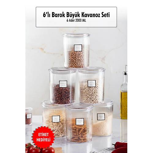 6'l� Barok Yuvarlak B�y�k Kavanoz Seti & Saklama Kab� & Erzak Kab� (6*2000 ML)