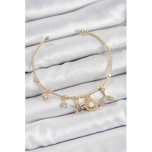 Pirin� Zirkon Ta�l� �stiridye Ve Deniz Y�ld�z� Model Gold Renk Charm Bileklik