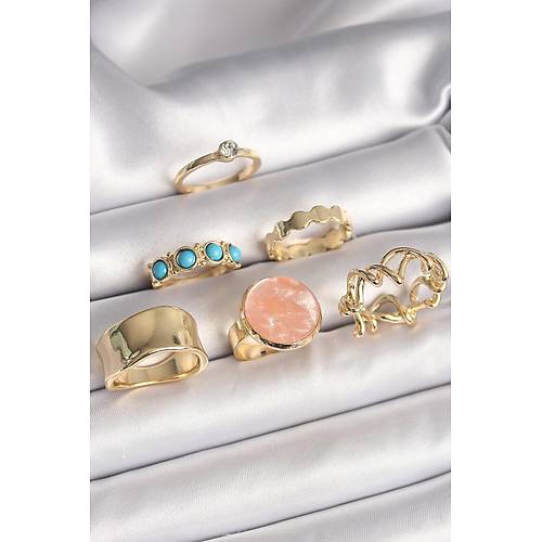 Pirin� Gold Renk Daire Pembe Mineli Zirkon Ta� Detayl� 6'L� Kad�n Y�z�k Seti